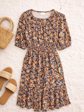 Elloh Floral Smocked Waist Dress Large Boho Summer Flowy Midi